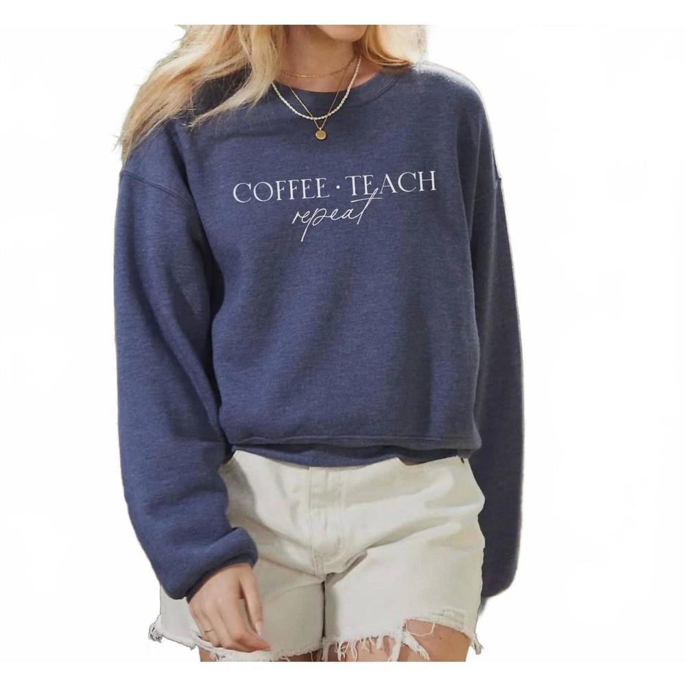 NEW OAT COLLECTIVE coffee teach repeat graphic sweatshirt in navy blue